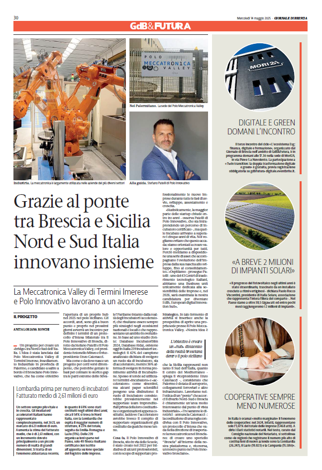 Articolo Giornale di Brescia: Grazie al ponte di Polo Innovativo nord e sud innovano insieme