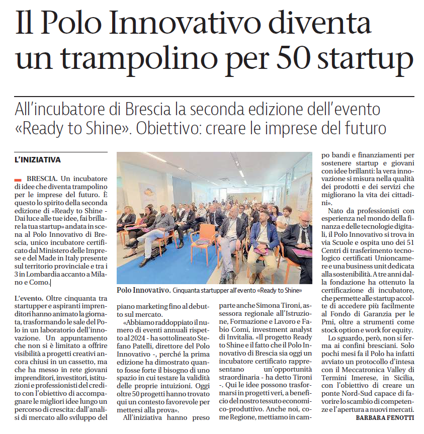 Articolo Giornale di Brescia: il polo innovativo diventa un trampolino per 50 startup