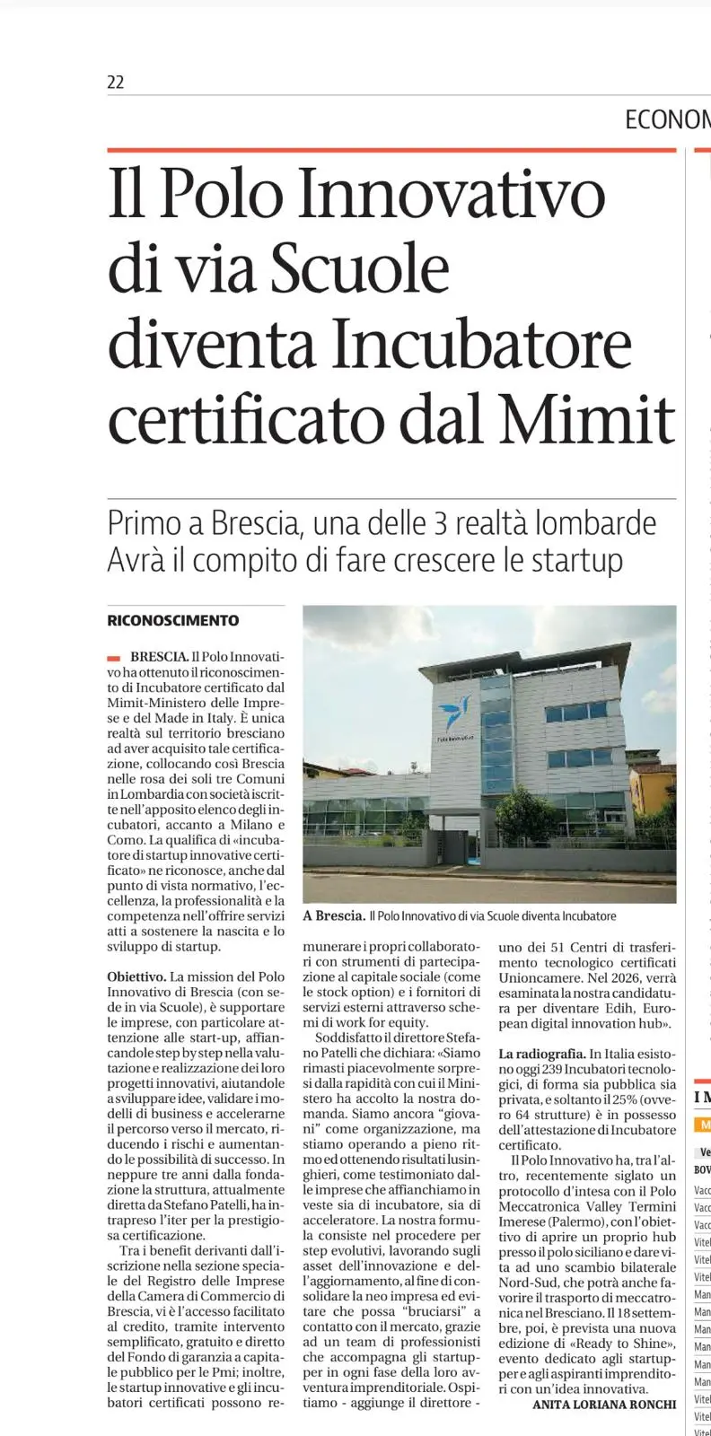 Polo Innovativo Incubatore Certificato - Articolo Giornale di Brescia