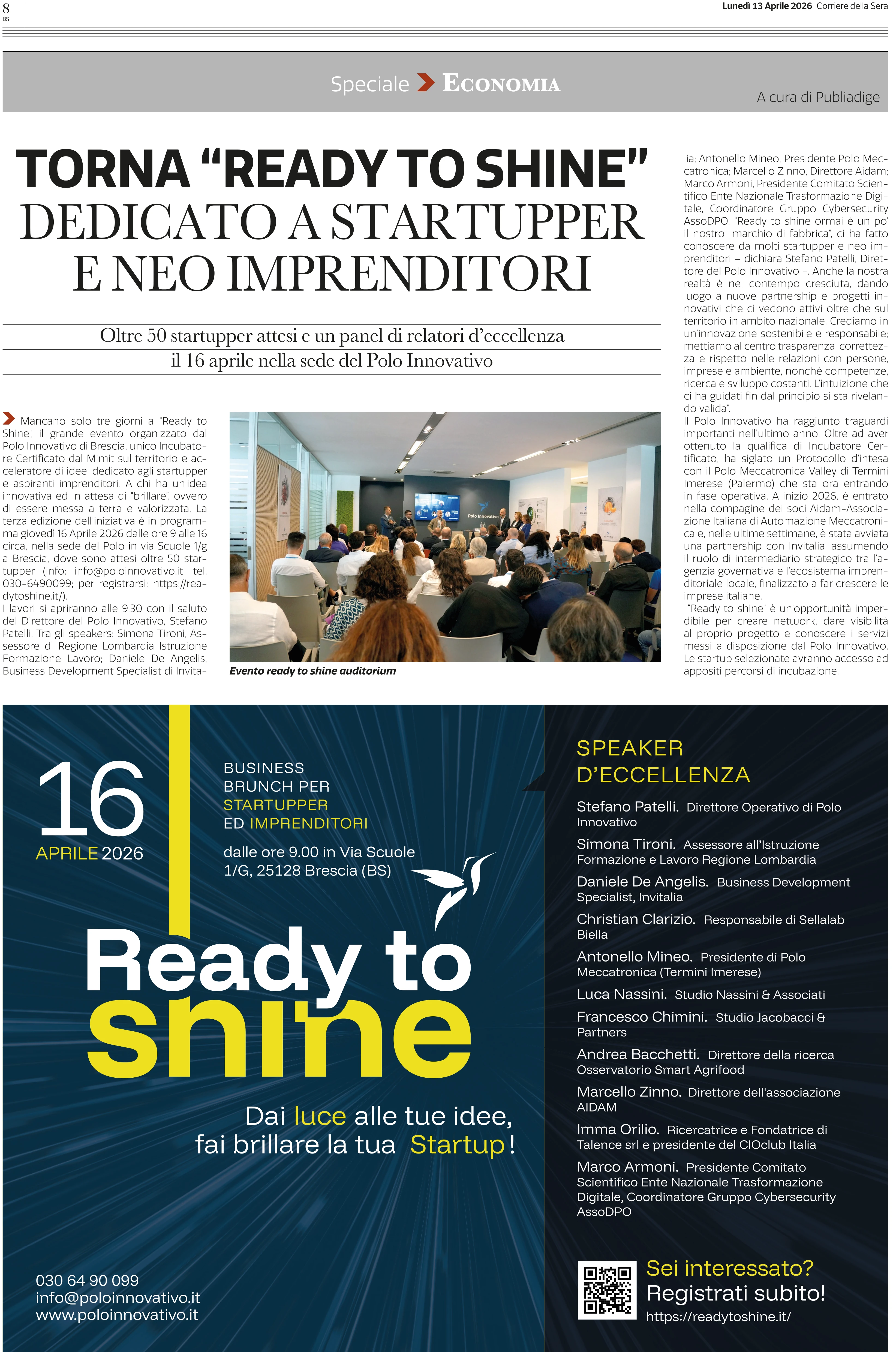 Corriere della Sera - Torna Ready to Shine, dedicato a startupper e imprenditori